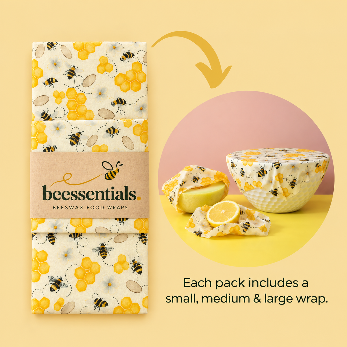 Beessentials pack: small, medium and large beeswax wraps