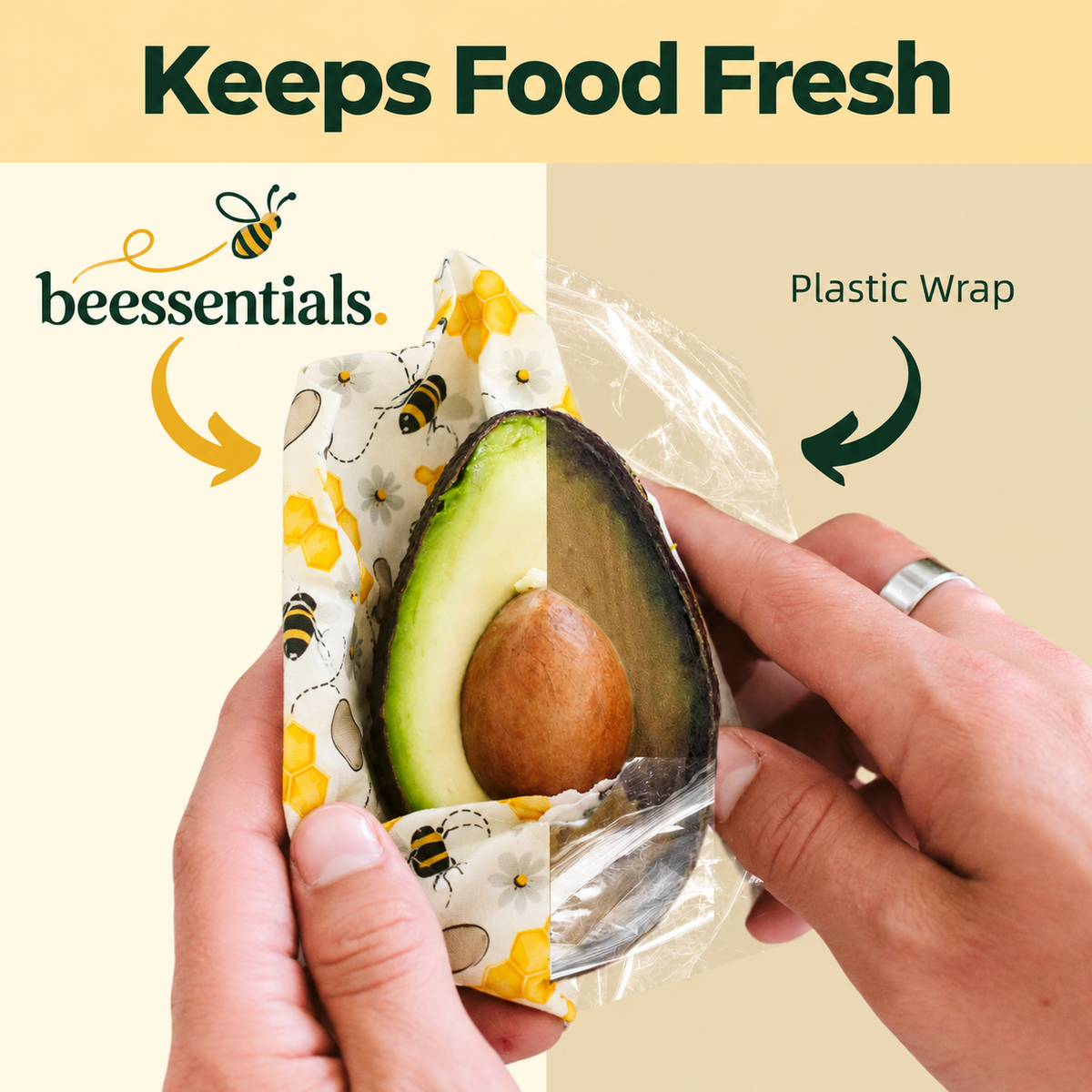 Avocado wrapped in a Beessentials beeswax wrap next to plastic wrap