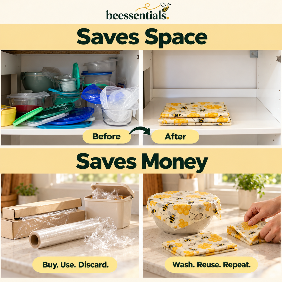 Beeswax wraps save space and money compared with plastic wrap