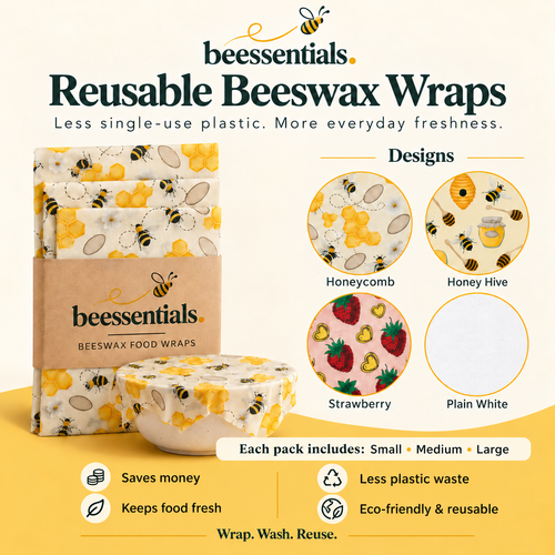 Beessentials reusable beeswax food wraps: each pack includes small, medium and large wraps